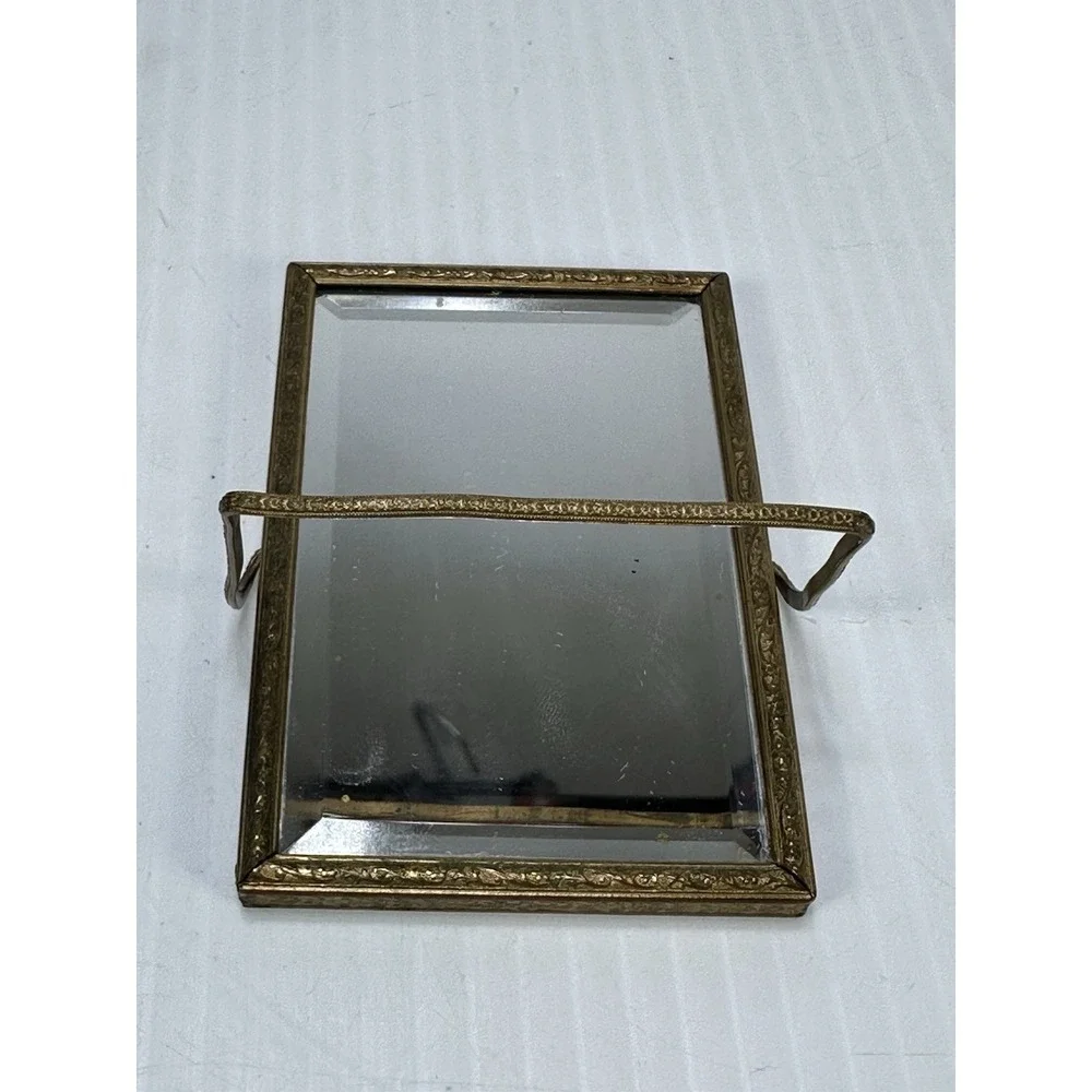 Vintage 1930 Hand Held Mirror Gold Black Ships Poem Pal of My Heart 3.5